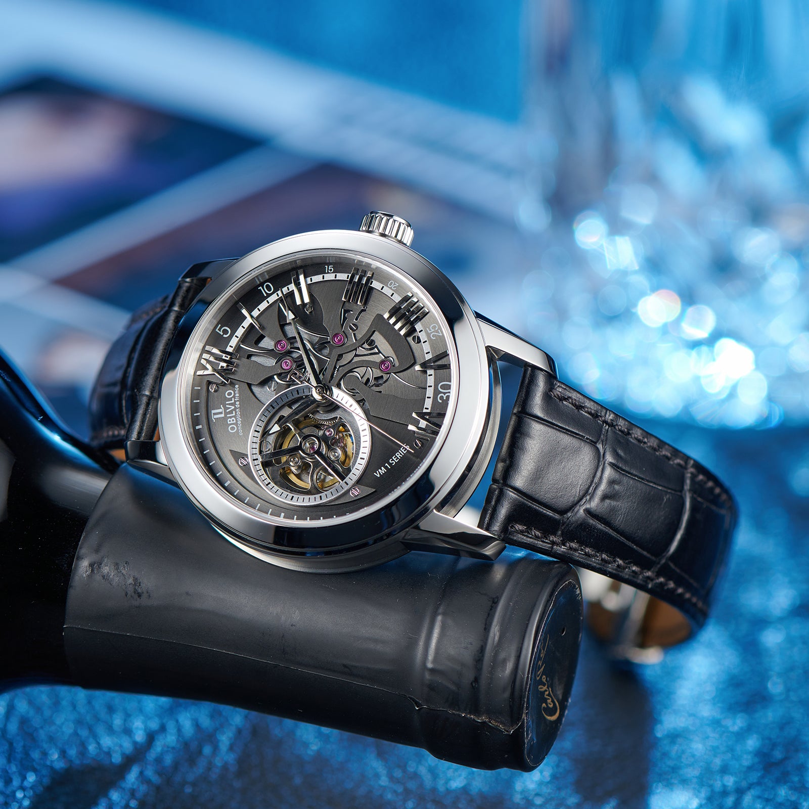 Black Dial 42mm Automatic Mechanical Tourbillon Style Watch For Men - Steel / Zirconia Bezel Dress Watches - OBLVLO VMQ
