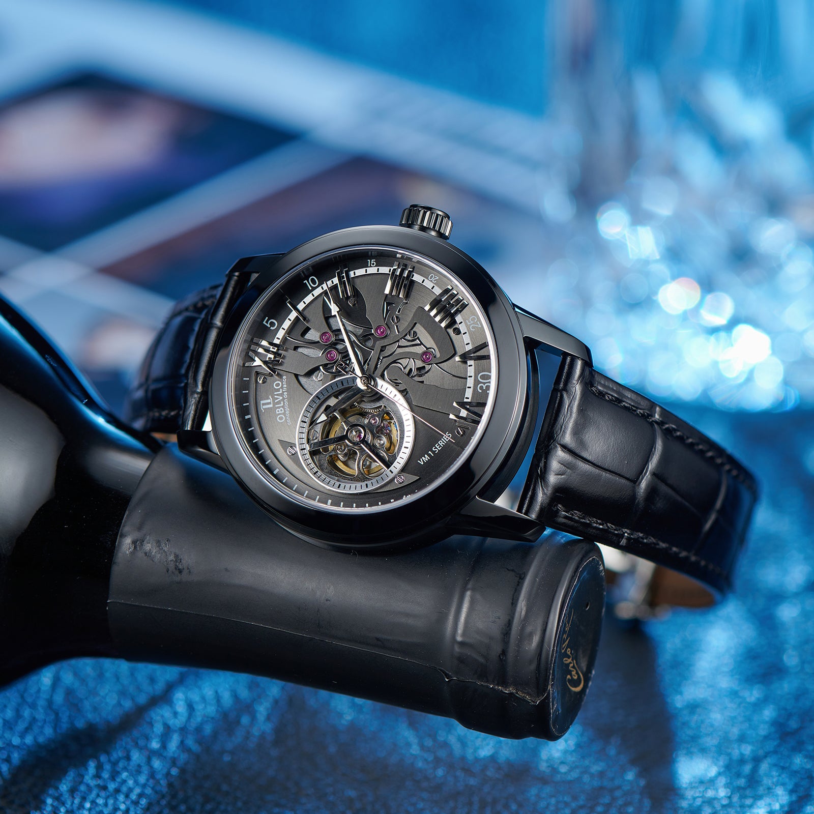Luxury OBLVLO VMQ Series - Affordable All Black/Diamond Zirconia Case Mens Automatic Tourbillon Style Dial Dress Watches
