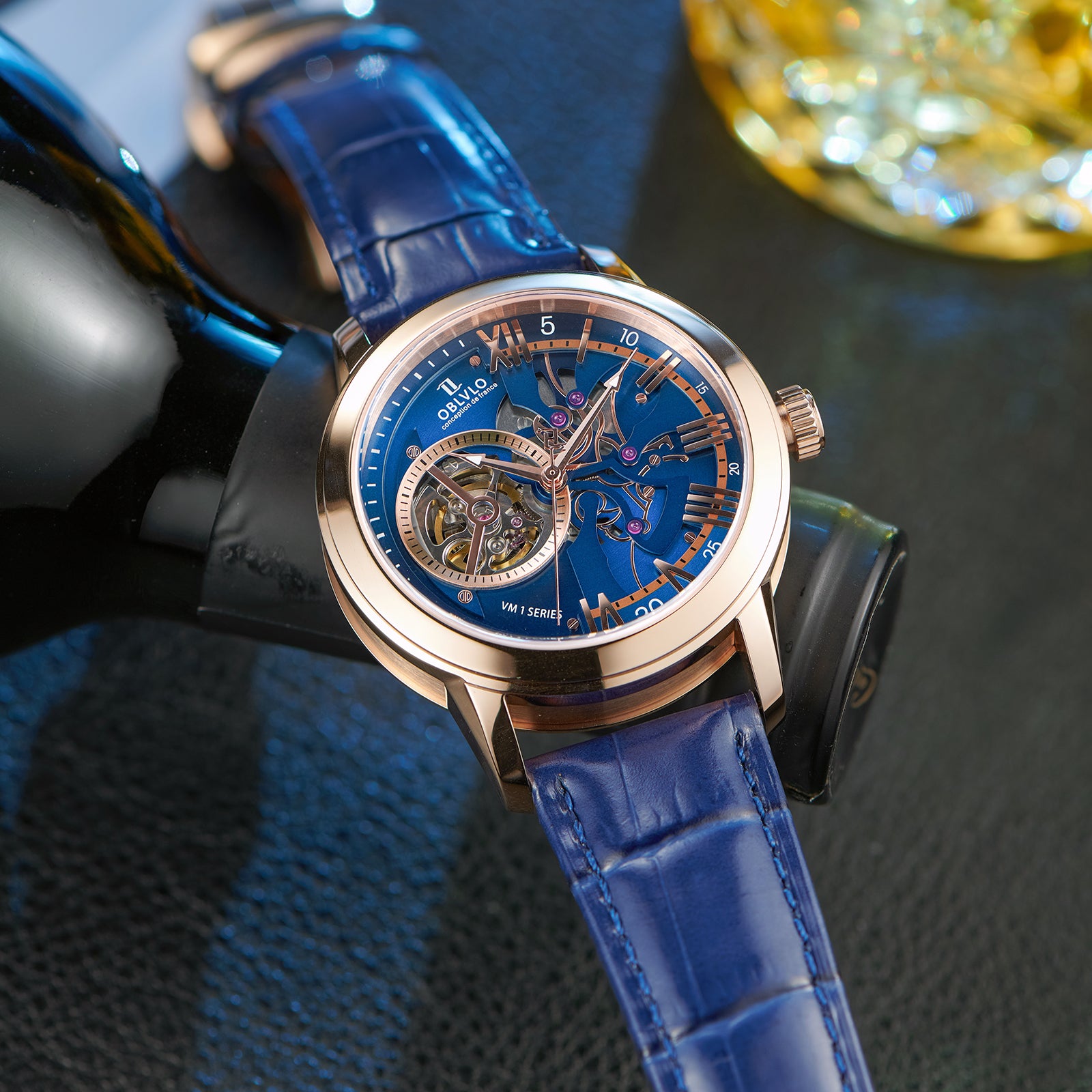 Best Affordable Luxury Rose Gold Zirconia Automatic Tourbillon Style Blue Dial Dress Watches For Men - OBLVLO VMQ Series