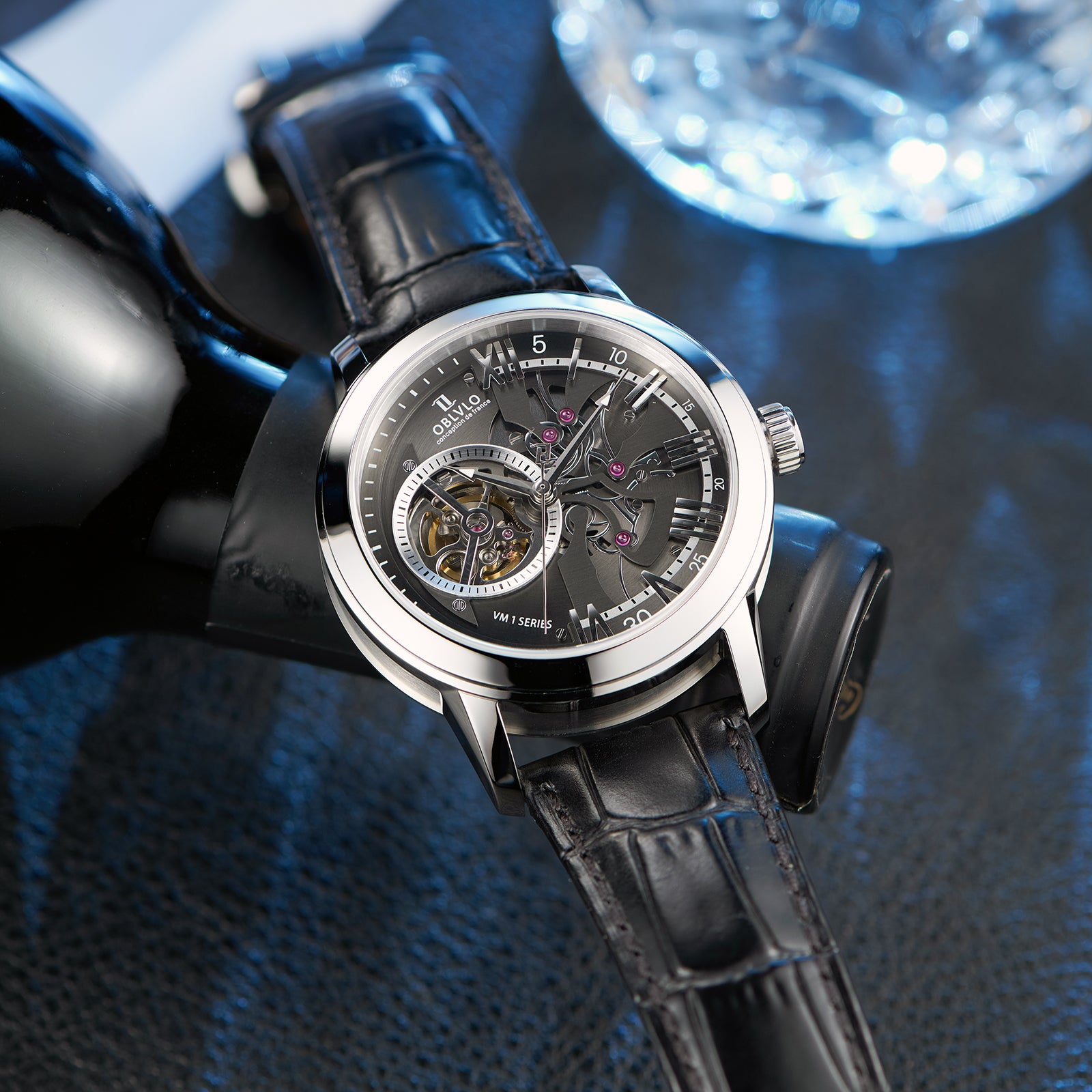 Black Dial 42mm Automatic Mechanical Tourbillon Style Watch For Men - Steel / Zirconia Bezel Dress Watches - OBLVLO VMQ