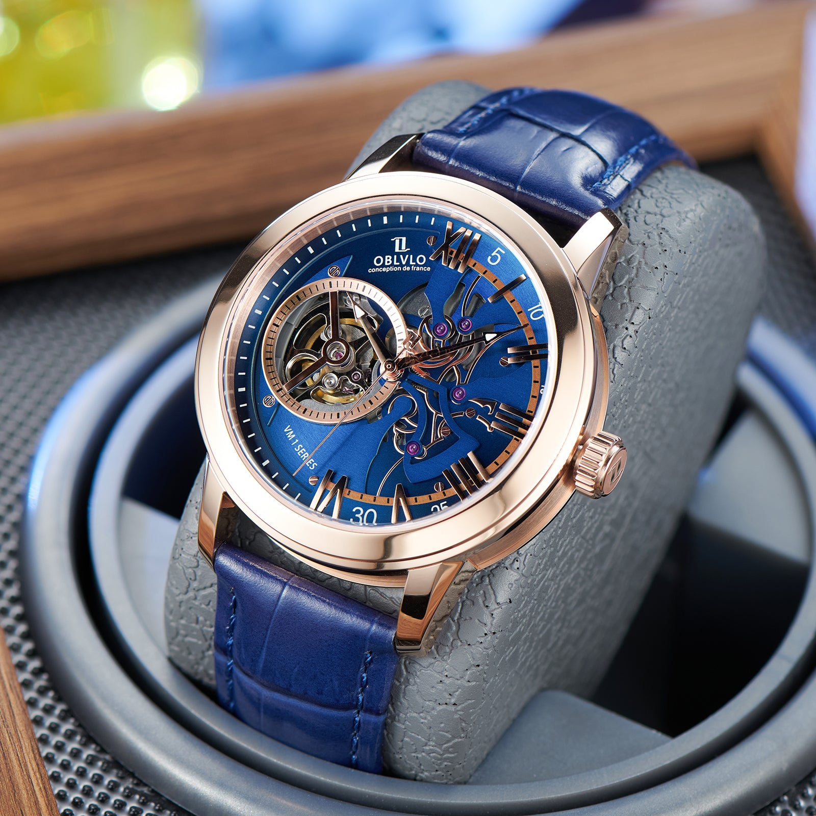 Best Affordable Luxury Rose Gold Zirconia Automatic Tourbillon Style Blue Dial Dress Watches For Men - OBLVLO VMQ Series
