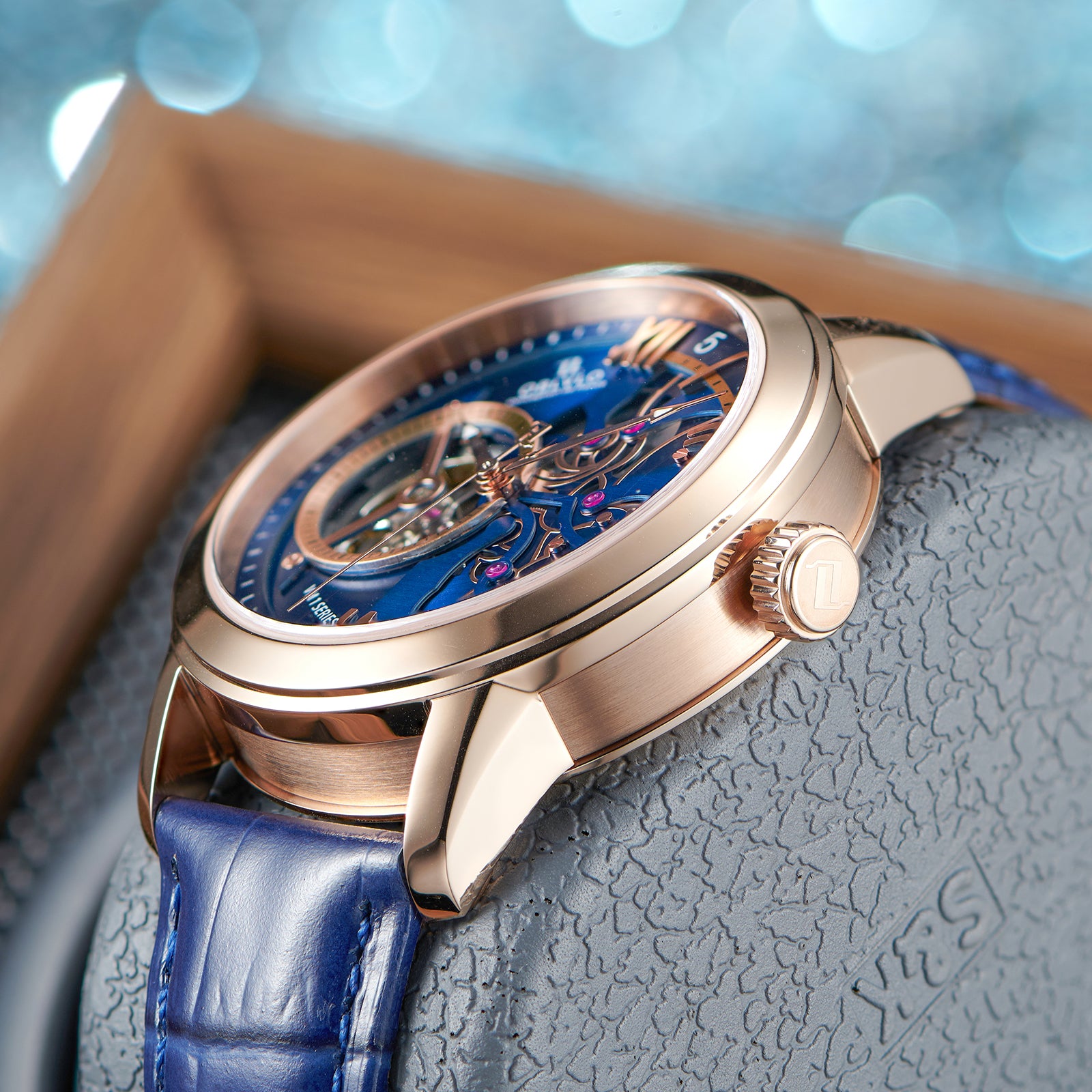 Best Affordable Luxury Rose Gold Zirconia Automatic Tourbillon Style Blue Dial Dress Watches For Men - OBLVLO VMQ Series