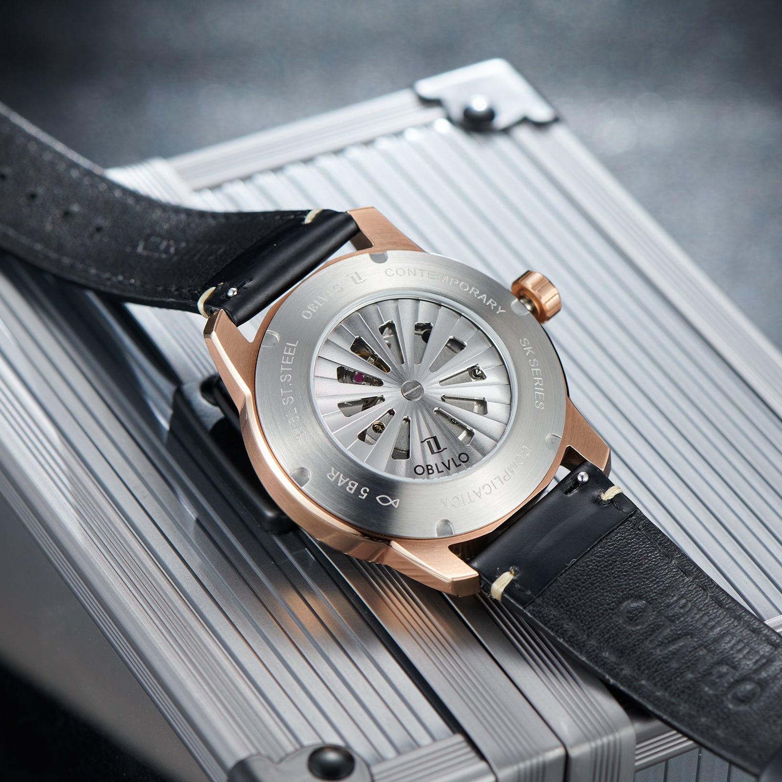 OBLVLO JM Space Black Spaceship Dial Automatic Rose Gold Case Dress Watches for Men