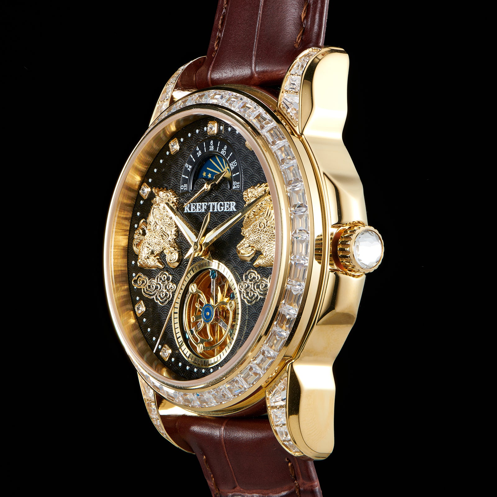 Reef Tiger "Pixiu" RGA1935 - Luxury Yellow Gold Mens Moon Phase Automatic Tourbillon Style Dial & Diamond Design Dress Watches