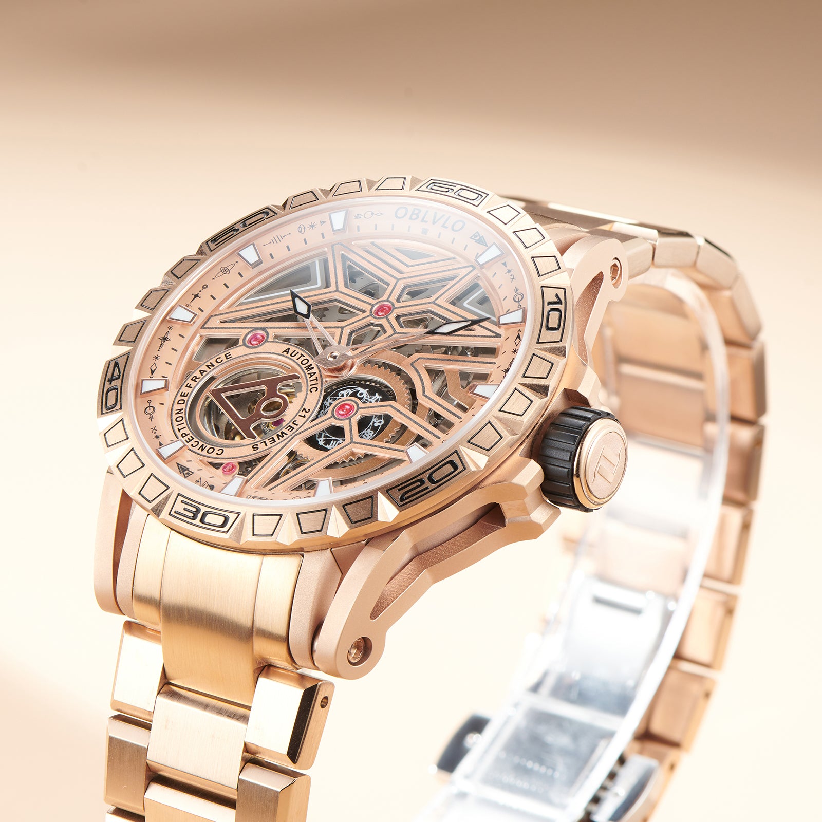 Best Affordable OBLVLO LMQ Luxury Automatic Rose Gold Skeleton Watch - Automatic Mechanical Waterproof Watches