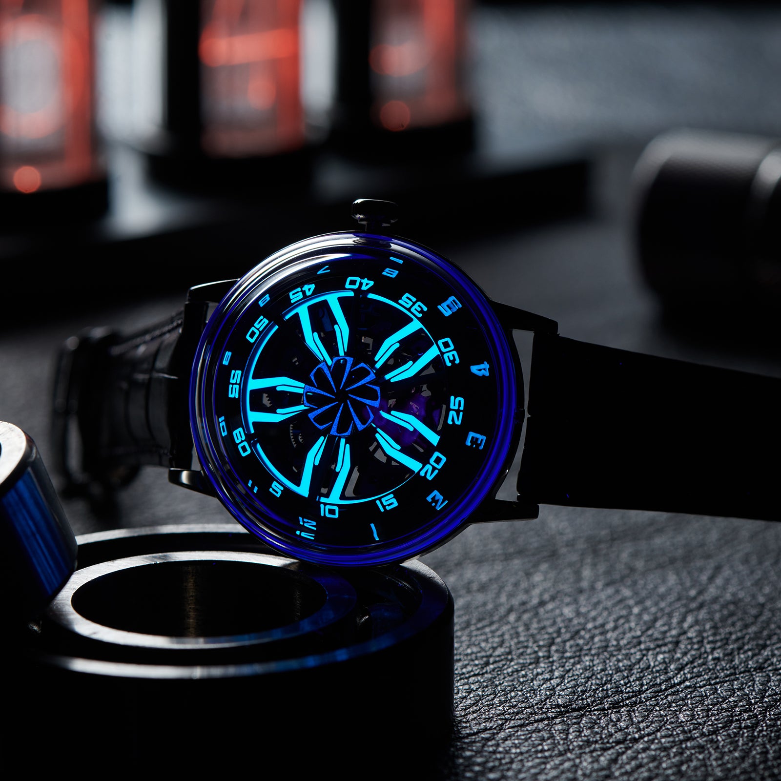 OBLVLO SCM-SK 42mm Automatic Skeleton Watches with Cool Unique Supercar Alloy Wheels Black Dial Design Watch