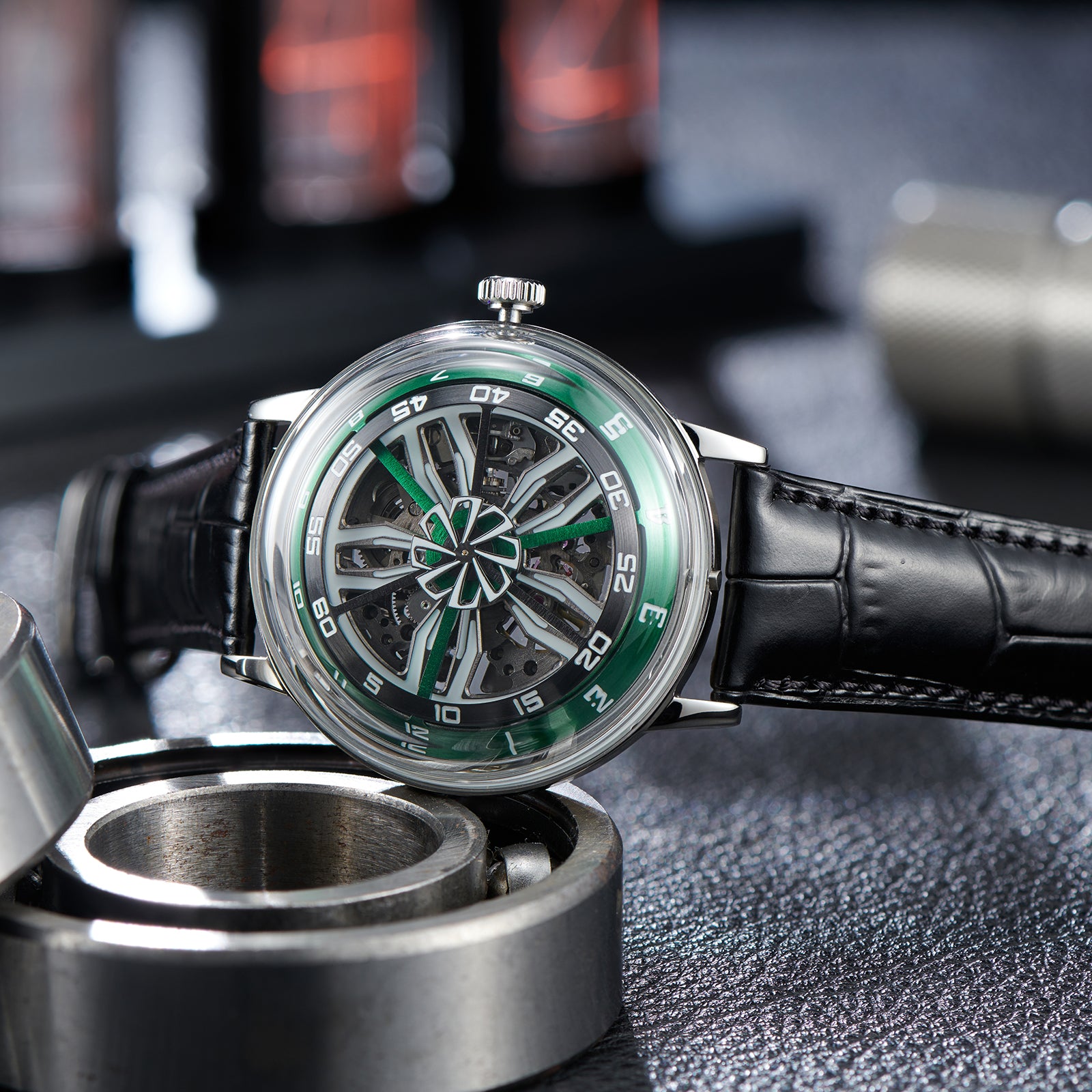 Cool 42mm Supercar Alloy Wheels Green Dial Automatic Watch -OBLVLO SCM-SK Unique Skeleton Watches