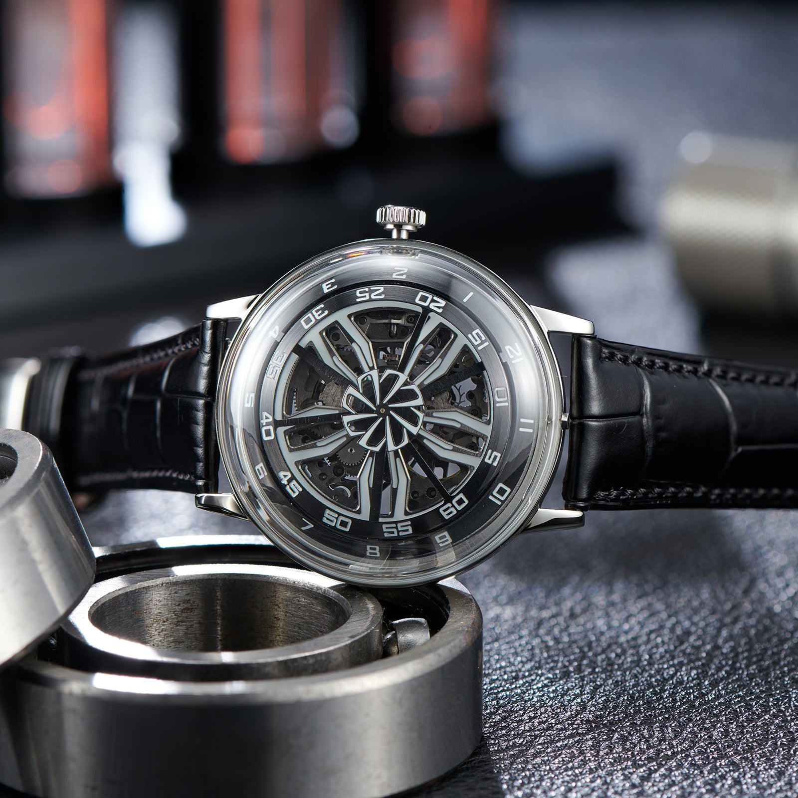 OBLVLO SCM-SK 42mm Automatic Skeleton Watches with Cool Unique Supercar Alloy Wheels Black Dial Design Watch