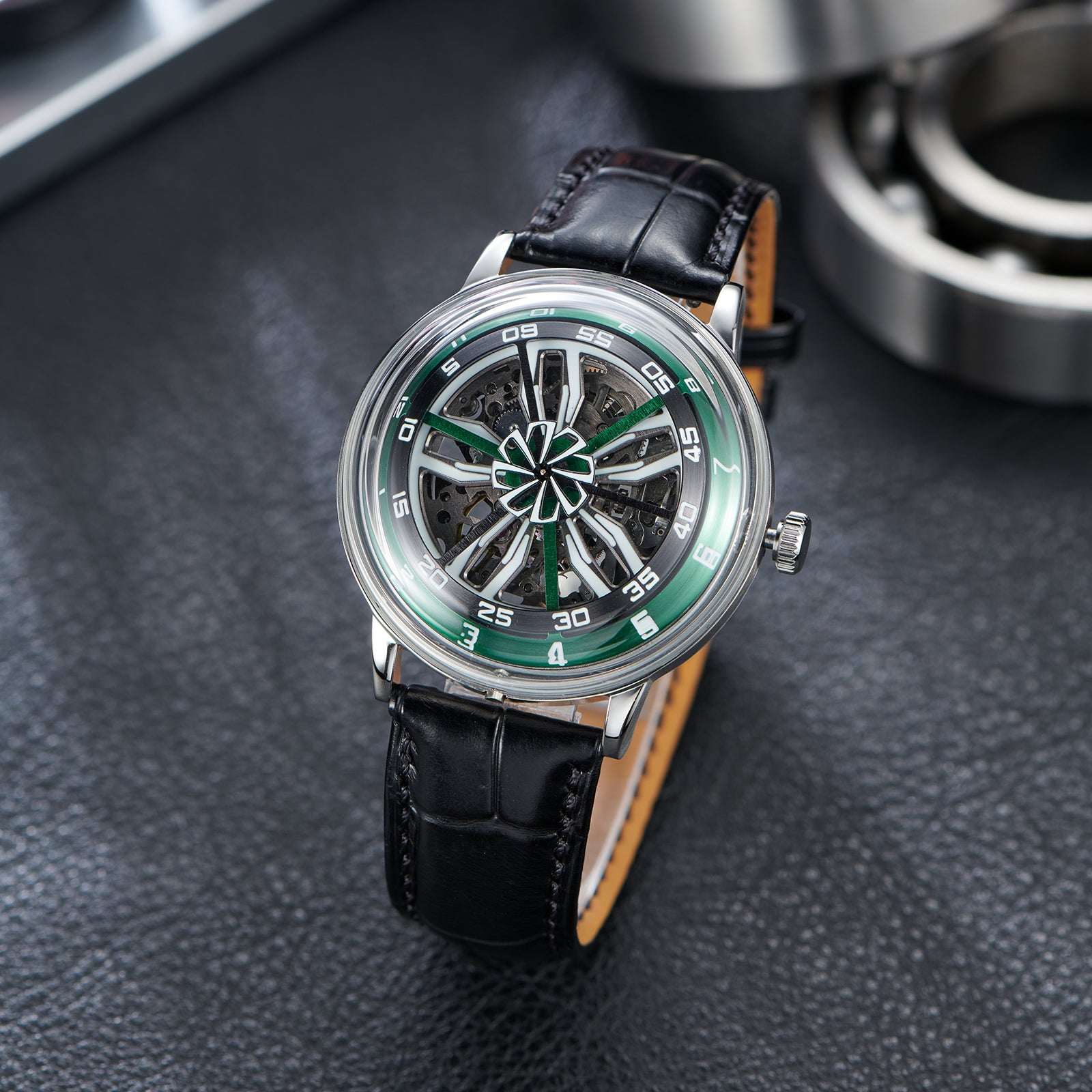 Cool 42mm Supercar Alloy Wheels Green Dial Automatic Watch -OBLVLO SCM-SK Unique Skeleton Watches