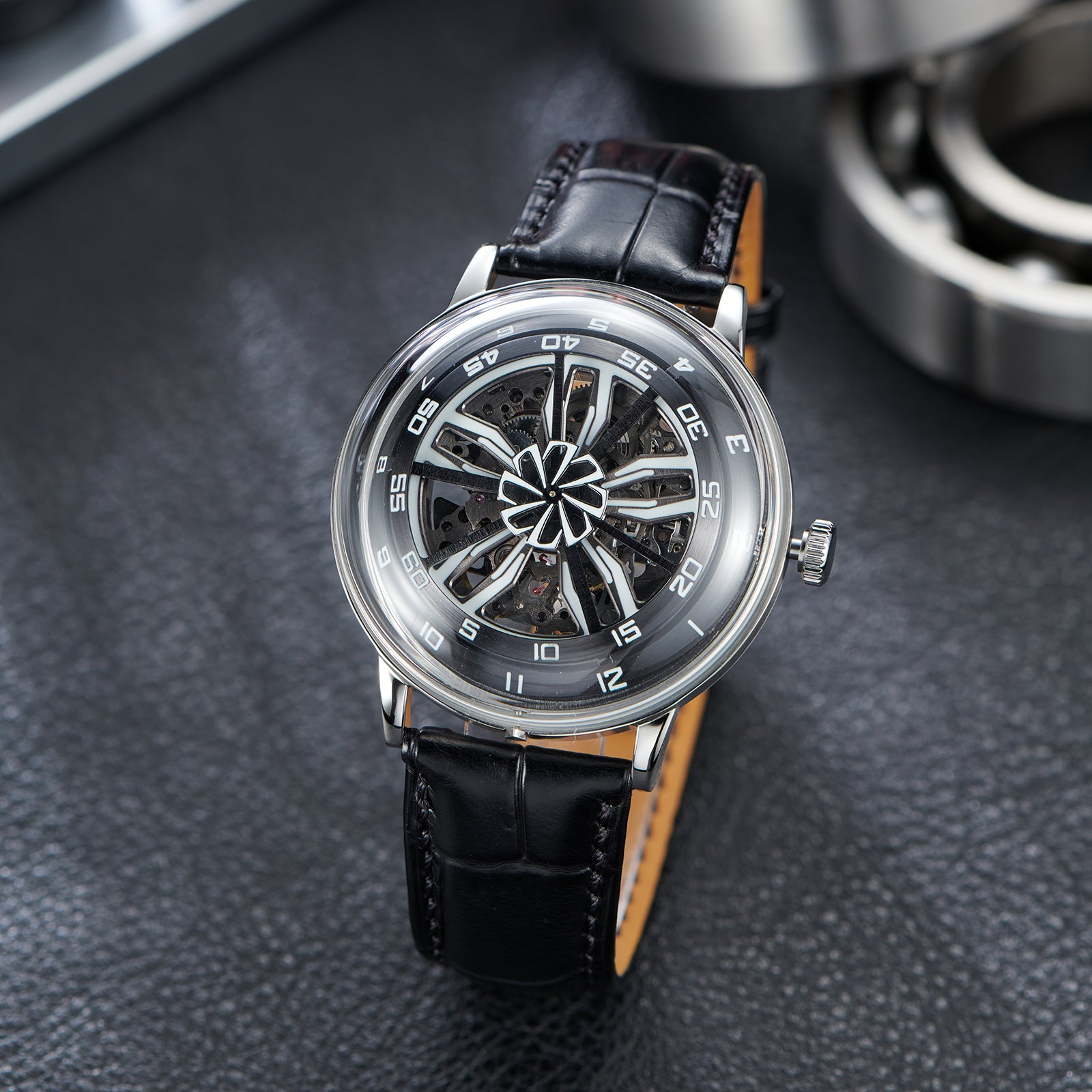 OBLVLO SCM-SK 42mm Automatic Skeleton Watches with Cool Unique Supercar Alloy Wheels Black Dial Design Watch