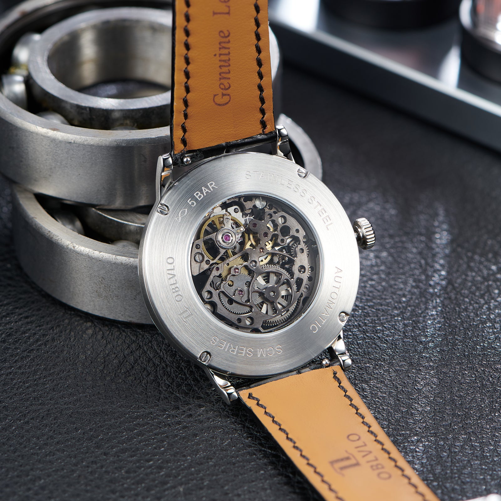 OBLVLO SCM-SK Unique Red Skeleton 42mm Supercar Alloy Wheels Dial Watches - Men Automatic Super Luminous  Mechanical Mens Dive Watch