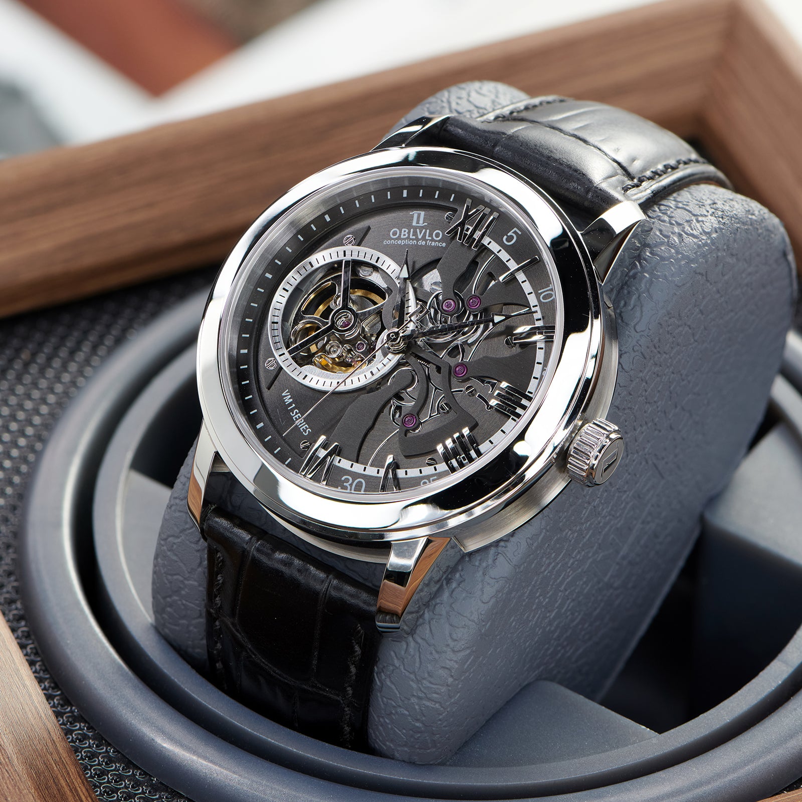 Black Dial 42mm Automatic Mechanical Tourbillon Style Watch For Men - Steel / Zirconia Bezel Dress Watches - OBLVLO VMQ