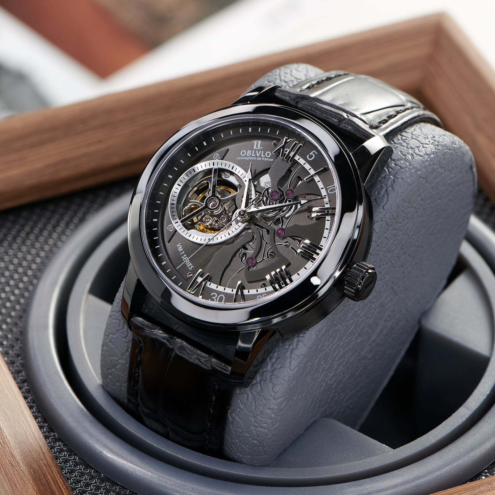 Luxury OBLVLO VMQ Series - Affordable All Black/Diamond Zirconia Case Mens Automatic Tourbillon Style Dial Dress Watches