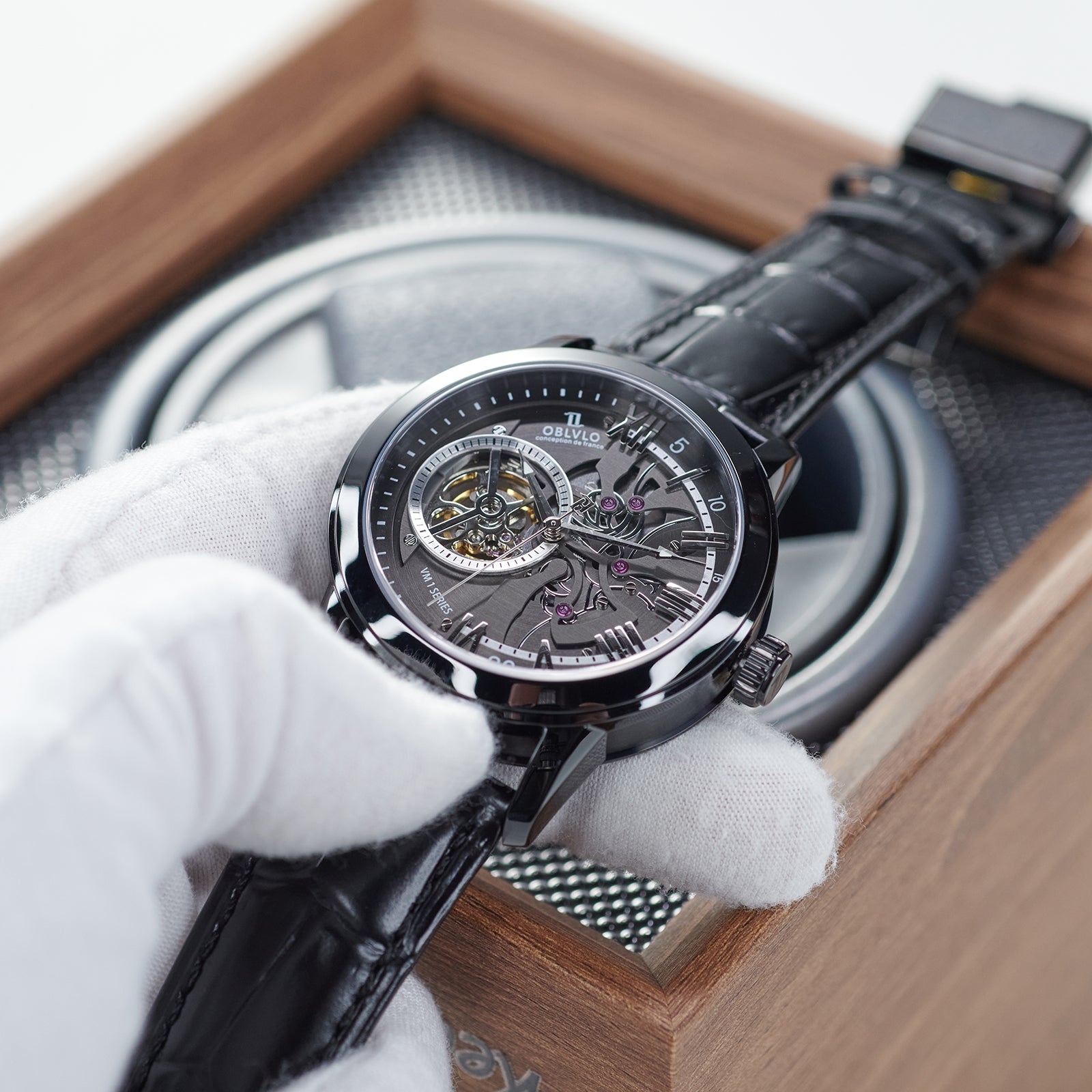 Luxury OBLVLO VMQ Series - Affordable All Black/Diamond Zirconia Case Mens Automatic Tourbillon Style Dial Dress Watches