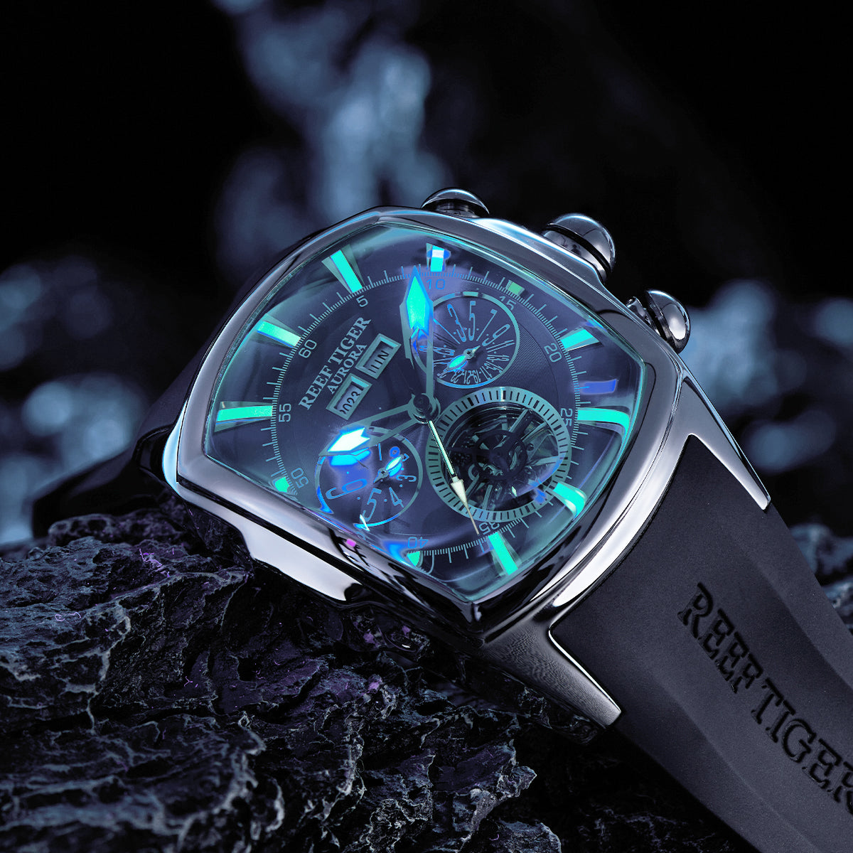 Reef Tiger Aurora Tank II RGA3069 Men's Automatic Watch with Mechanical Movement and Skeleton Tourbillon Style Dial