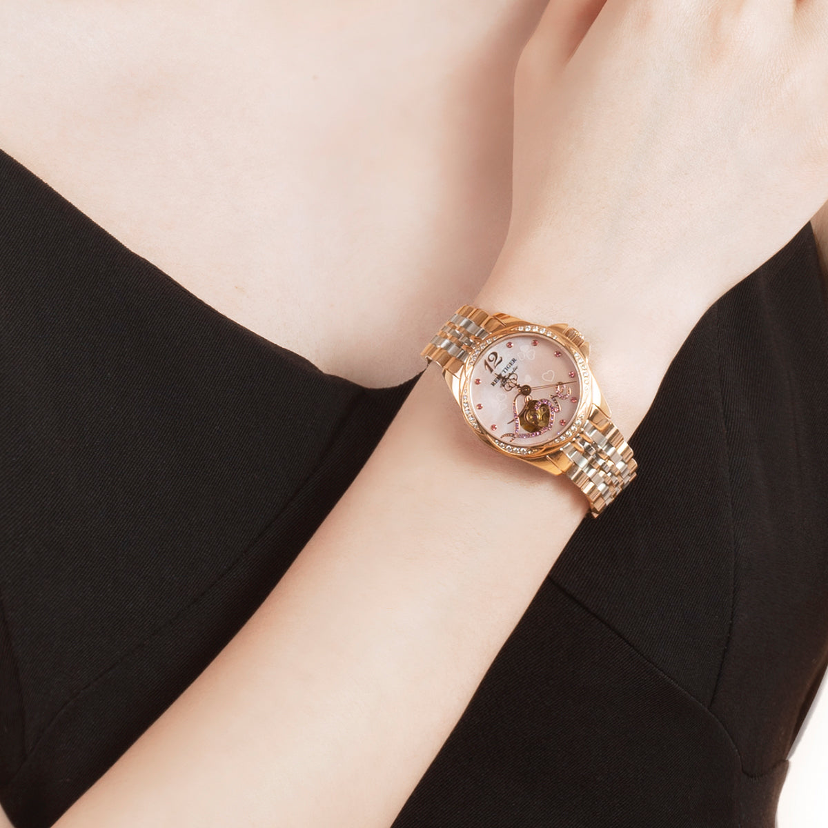 Pink Shell Pattern Dial Diamond Automatic Watch for Women - Fashion Luxury Rose Gold REEF TIGER RGA1583 Women Watches