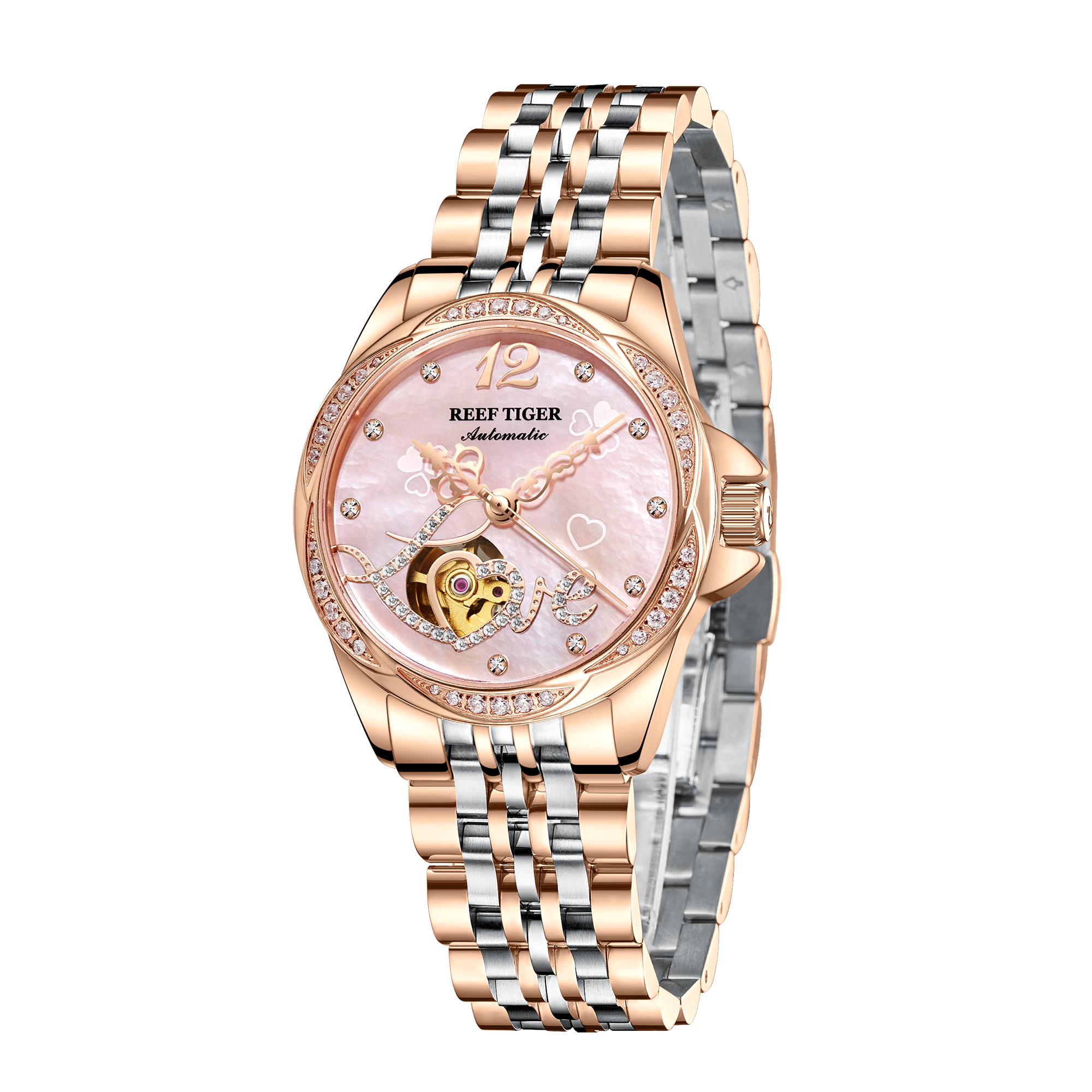 REEF TIGER LOVE RGA1583 Luxury Diamond Automatic Watch for Women - Elegant Rose Gold Stainless Steel Waterproof Ladies Watches