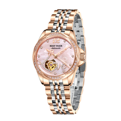 REEF TIGER LOVE RGA1583 Luxury Diamond Automatic Watch for Women - Elegant Rose Gold Stainless Steel Waterproof Ladies Watches