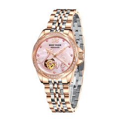 Pink Shell Pattern Dial Diamond Automatic Watch for Women - Fashion Luxury Rose Gold REEF TIGER RGA1583 Women Watches