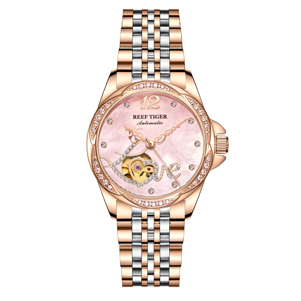 REEF TIGER LOVE RGA1583 Luxury Diamond Automatic Watch for Women - Elegant Rose Gold Stainless Steel Waterproof Ladies Watches
