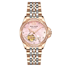 REEF TIGER LOVE RGA1583 Luxury Diamond Automatic Watch for Women - Elegant Rose Gold Stainless Steel Waterproof Ladies Watches