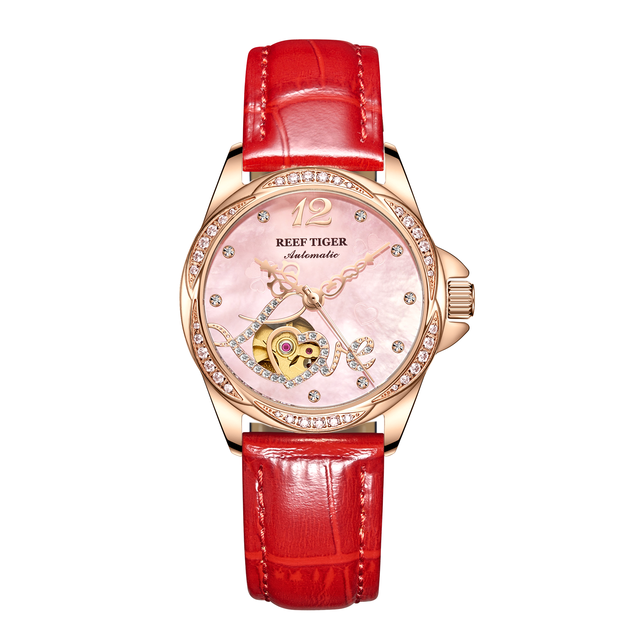 REEF TIGER LOVE RGA1583 Luxury Diamond Automatic Watch for Women - Elegant Rose Gold Stainless Steel Waterproof Ladies Watches