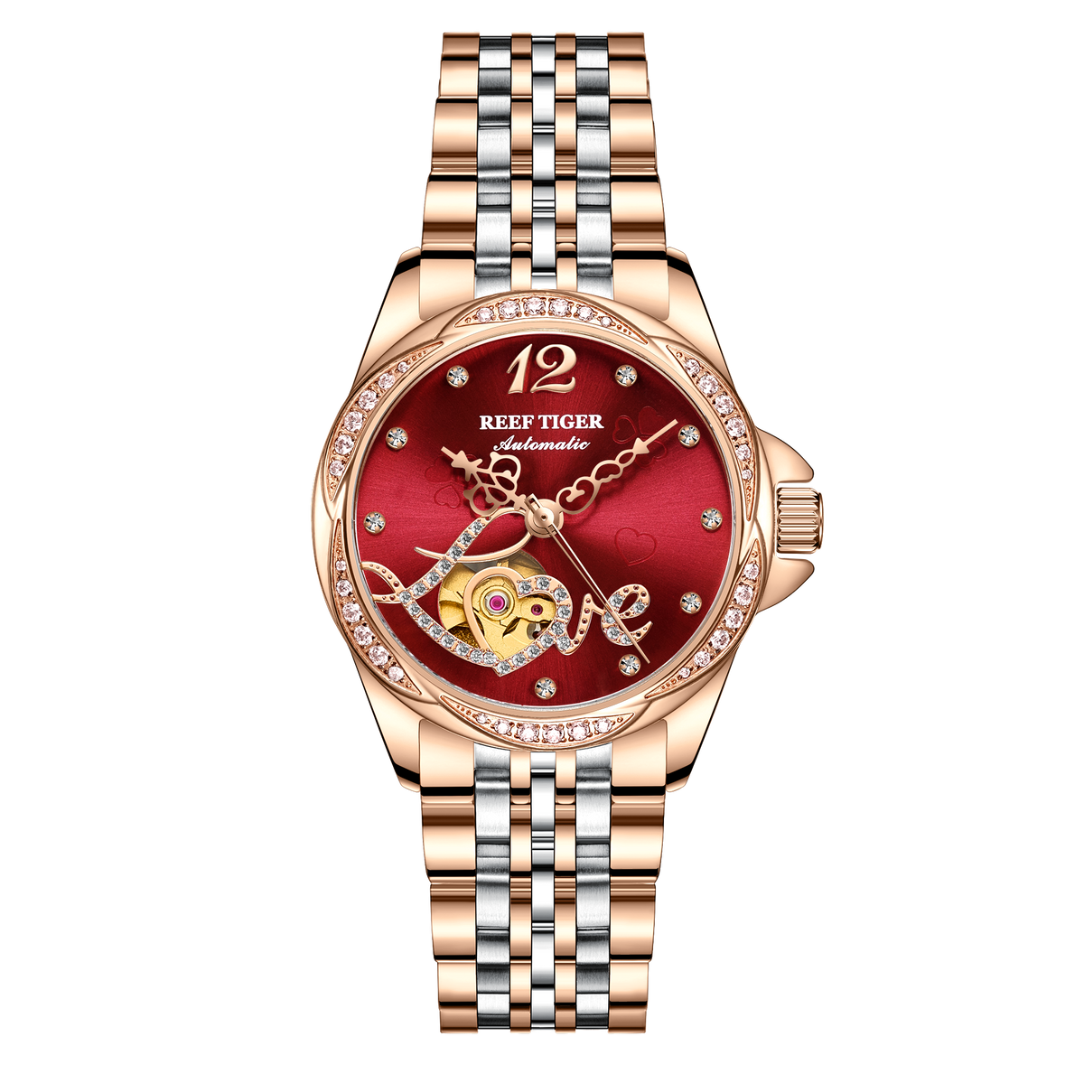 REEF TIGER Original Diamond Watches for Women - Fashion Burgundy Red Dial Luxury RGA1583 Automatic Ladies Dress Watch