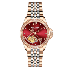 REEF TIGER Original Diamond Watches for Women - Fashion Burgundy Red Dial Luxury RGA1583 Automatic Ladies Dress Watch