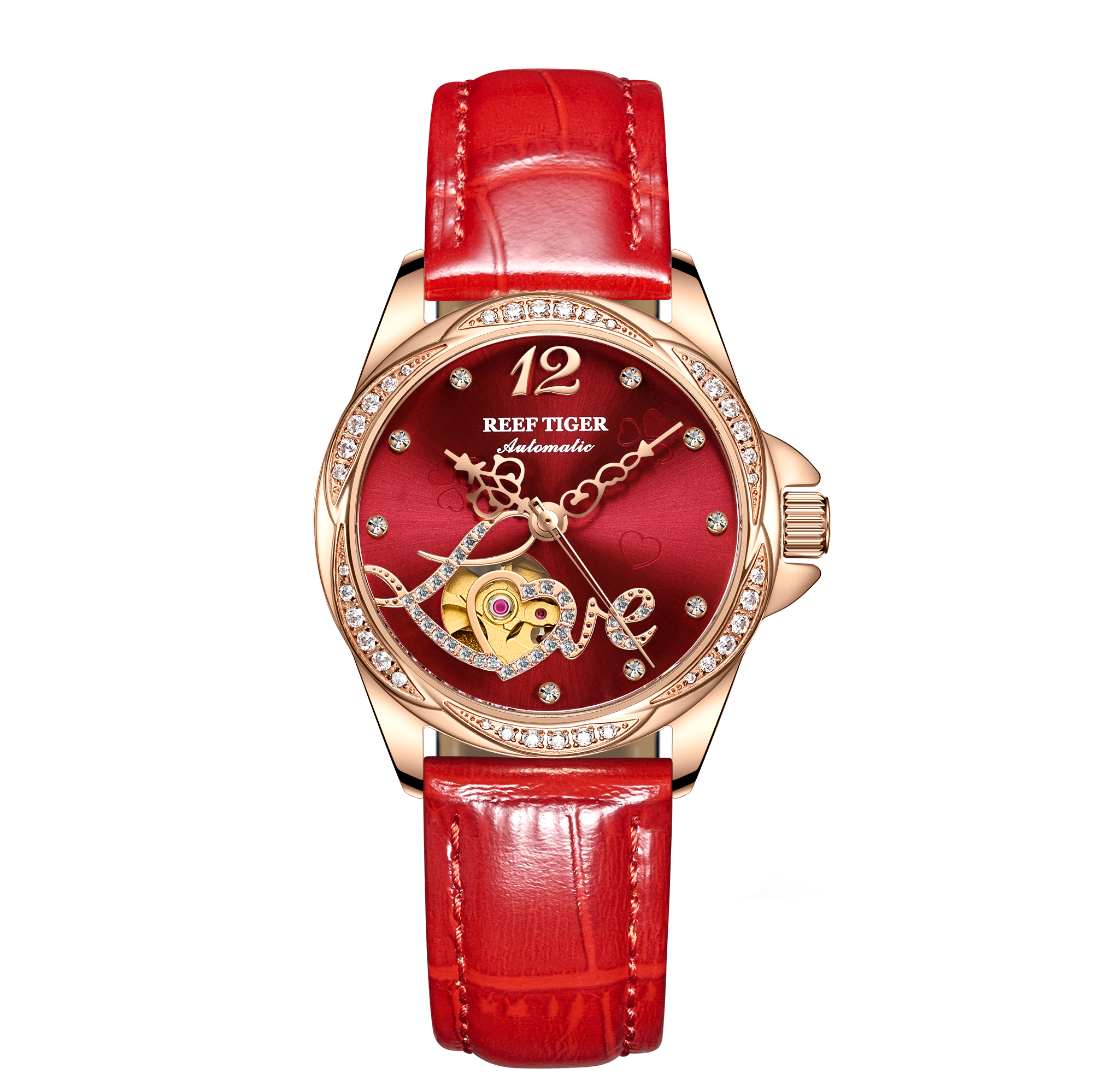 REEF TIGER Original Diamond Watches for Women - Fashion Burgundy Red Dial Luxury RGA1583 Automatic Ladies Dress Watch