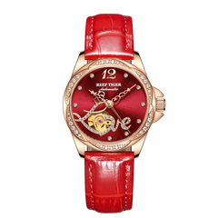 REEF TIGER Original Diamond Watches for Women - Fashion Burgundy Red Dial Luxury RGA1583 Automatic Ladies Dress Watch