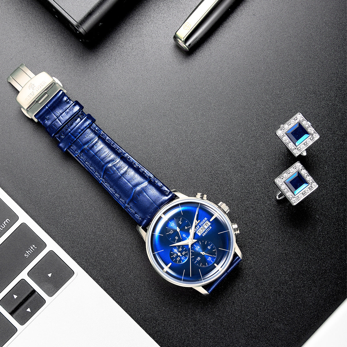 Luxury Mens Automatic Mechanical Blue Dial Dress Watch - Reef Tiger RGA1699 Multifunction Three Eyes Subdial