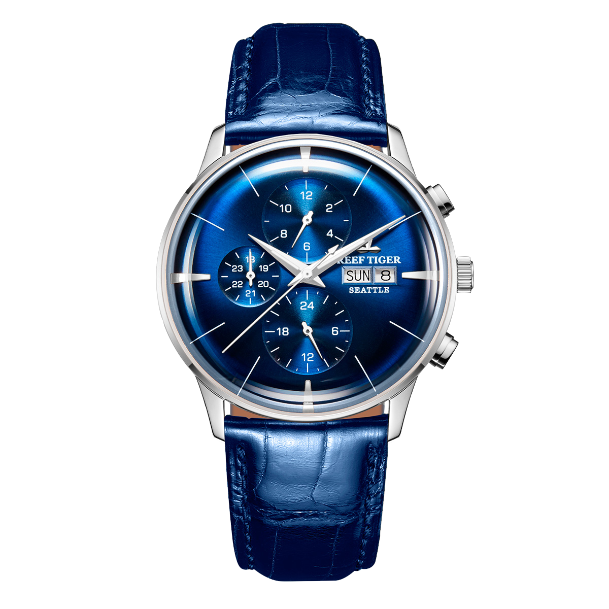 Luxury Mens Automatic Mechanical Blue Dial Dress Watch - Reef Tiger RGA1699 Multifunction Three Eyes Subdial