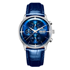 Luxury Mens Automatic Mechanical Blue Dial Dress Watch - Reef Tiger RGA1699 Multifunction Three Eyes Subdial