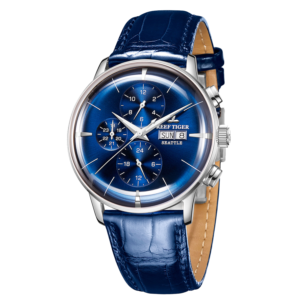 Luxury Mens Automatic Mechanical Blue Dial Dress Watch - Reef Tiger RGA1699 Multifunction Three Eyes Subdial