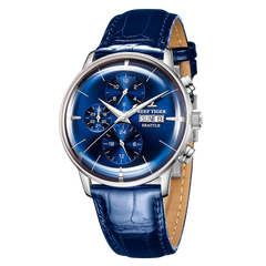 Luxury Mens Automatic Mechanical Blue Dial Dress Watch - Reef Tiger RGA1699 Multifunction Three Eyes Subdial