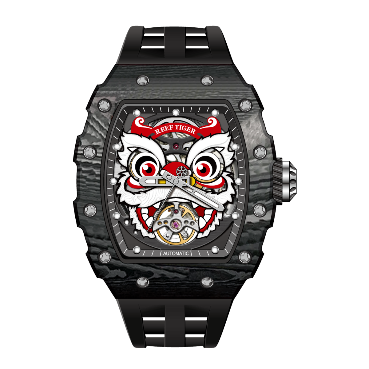 Unique Reef Tiger RGA3009 Chinese Lion Dance Skeleton Black Carbon Fiber Watch