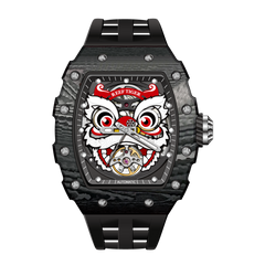 Unique Reef Tiger RGA3009 Chinese Lion Dance Skeleton Black Carbon Fiber Watch