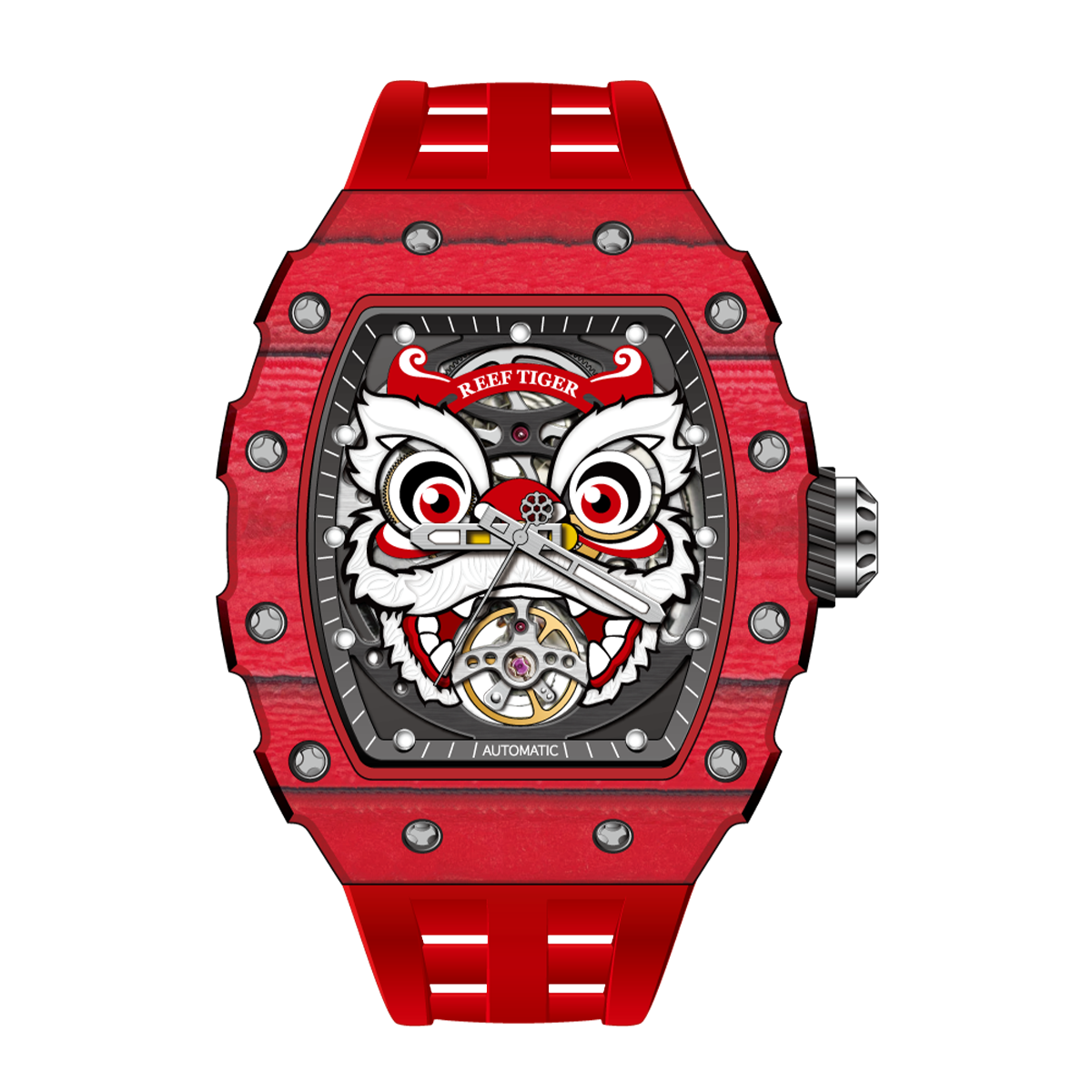 Fashion Reef Tiger RGA3009 Chinese Red Carbon Fiber Case Lion Dance Skeleton Automatic Watch