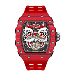 Fashion Reef Tiger RGA3009 Chinese Red Carbon Fiber Case Lion Dance Skeleton Automatic Watch