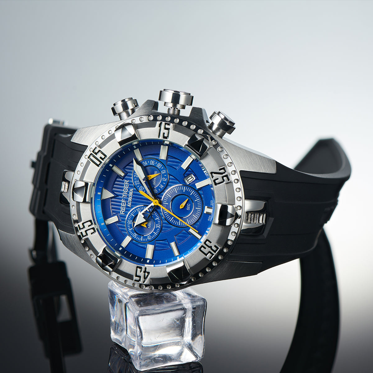 REEF TIGER Aurora RGA303 52mm Big Dial Men Sport Multifunction Quartz Wrist Watch - Luminous Calendar Waterproof Multi Function Men's Watches
