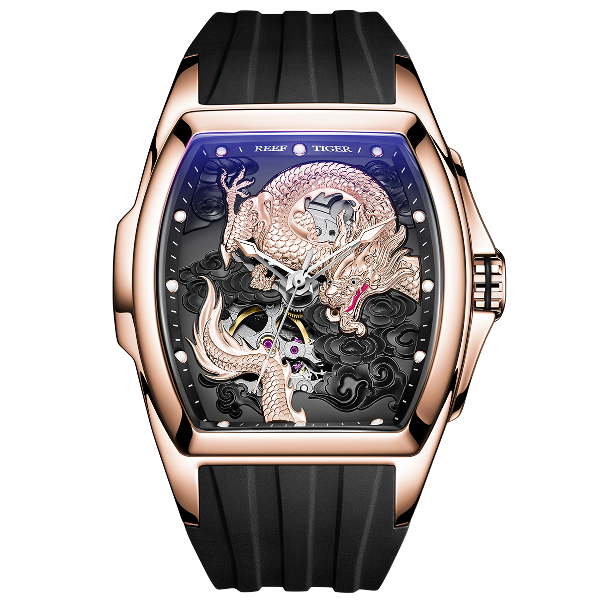 Top Quality Reef Tiger Aurora RGA3061 Men's Luxury Automatic Skeleton Rose Gold Dragon Watch