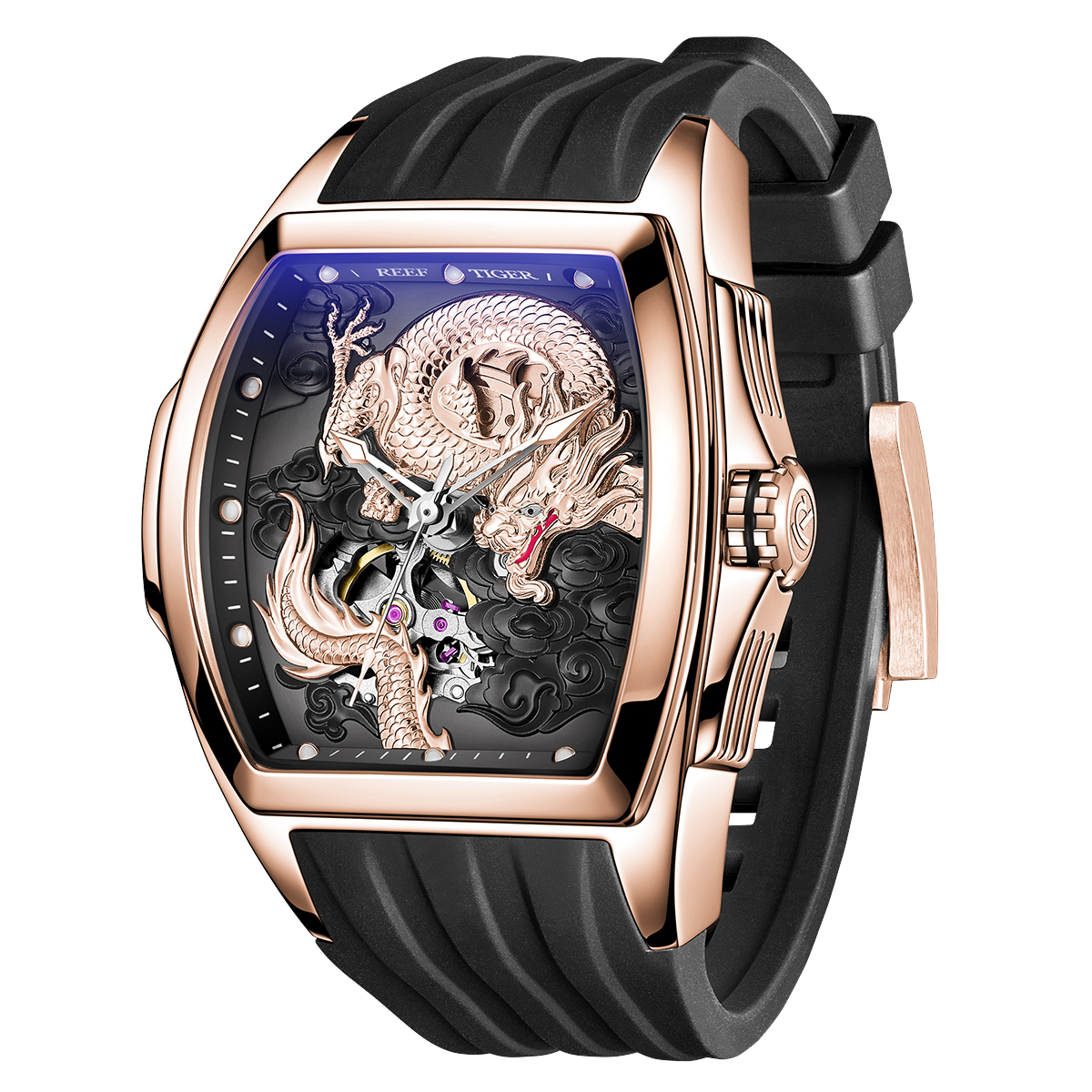 Top Quality Reef Tiger Aurora RGA3061 Men's Luxury Automatic Skeleton Rose Gold Dragon Watch