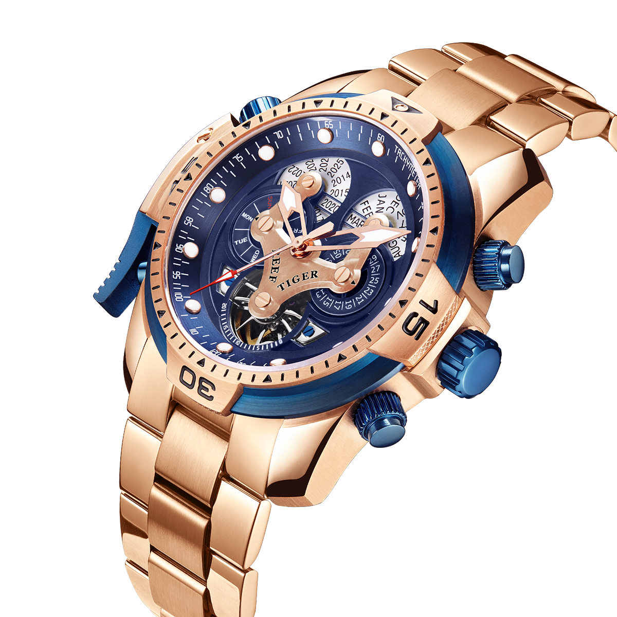 Reef Tiger Aurora RGA3503 Men's Automatic Mechanical Rose Gold Wristwatch - ST25 Automatic Movement Fashion Casual Sports Watch