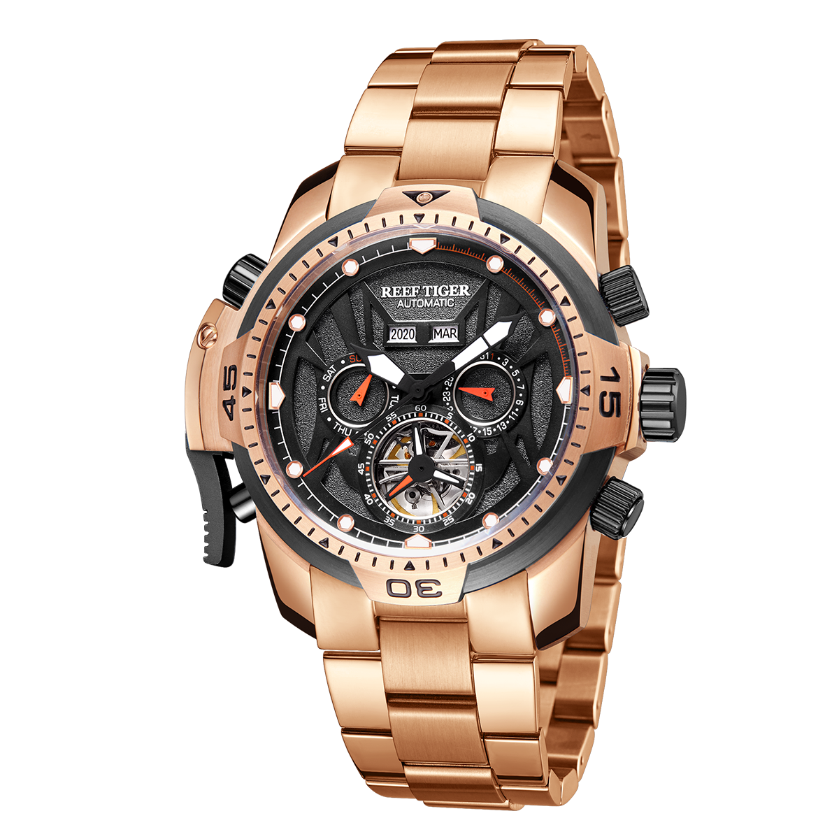 Rose Gold Reef Tiger Aurora RA3532  Men's Automatic Mechanical Watch - Sports Design, Durable Stainless Steel Case/Strap