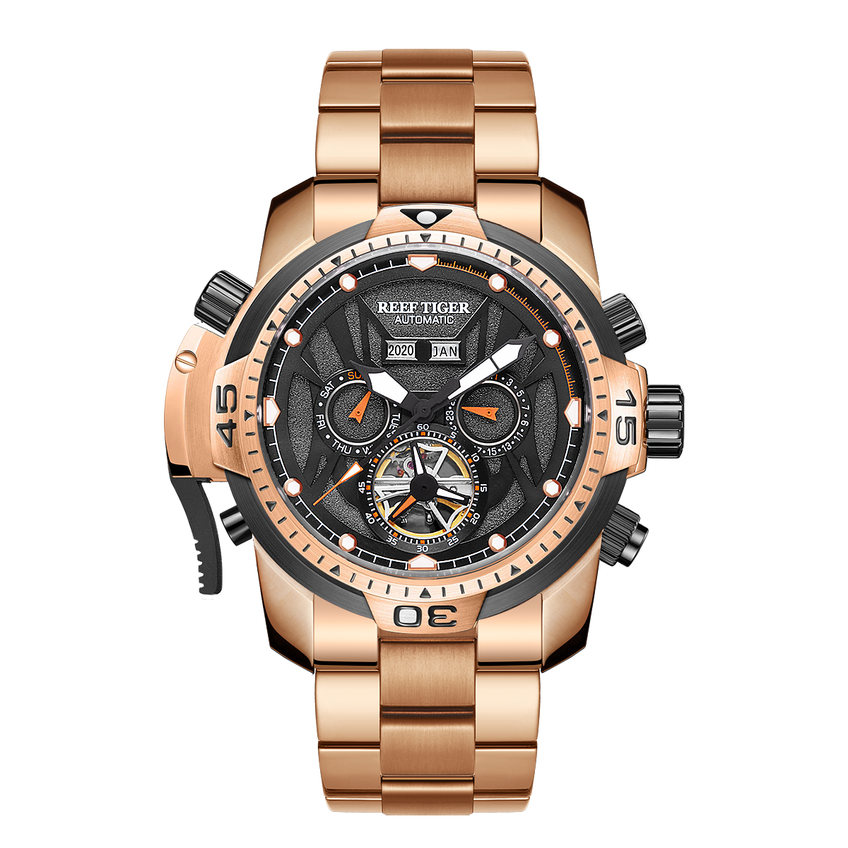 Rose Gold Reef Tiger Aurora RA3532  Men's Automatic Mechanical Watch - Sports Design, Durable Stainless Steel Case/Strap