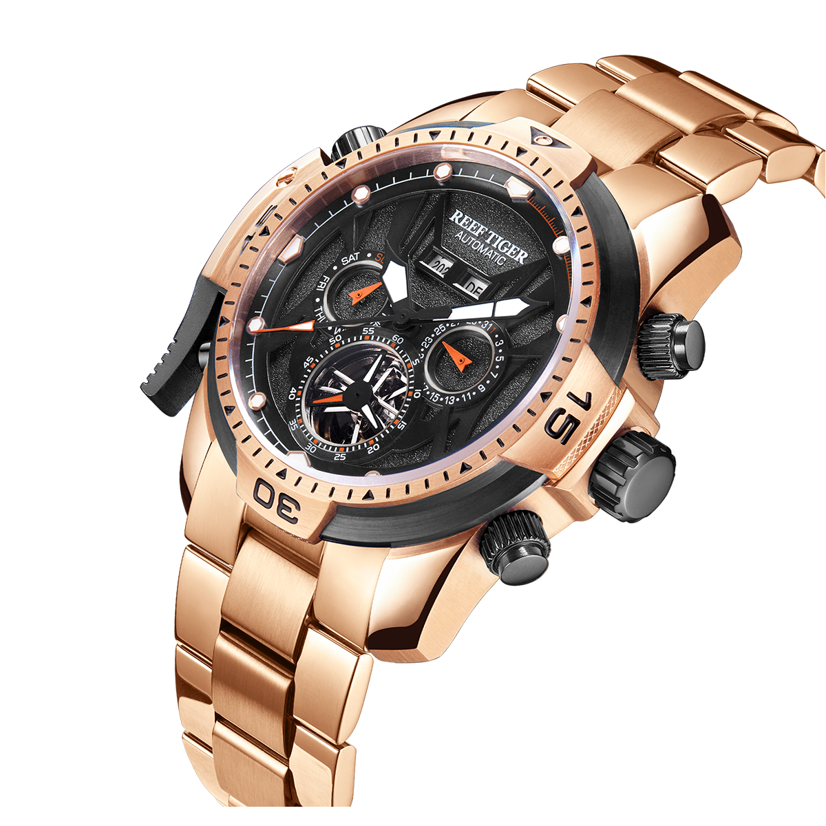 Rose Gold Reef Tiger Aurora RA3532  Men's Automatic Mechanical Watch - Sports Design, Durable Stainless Steel Case/Strap