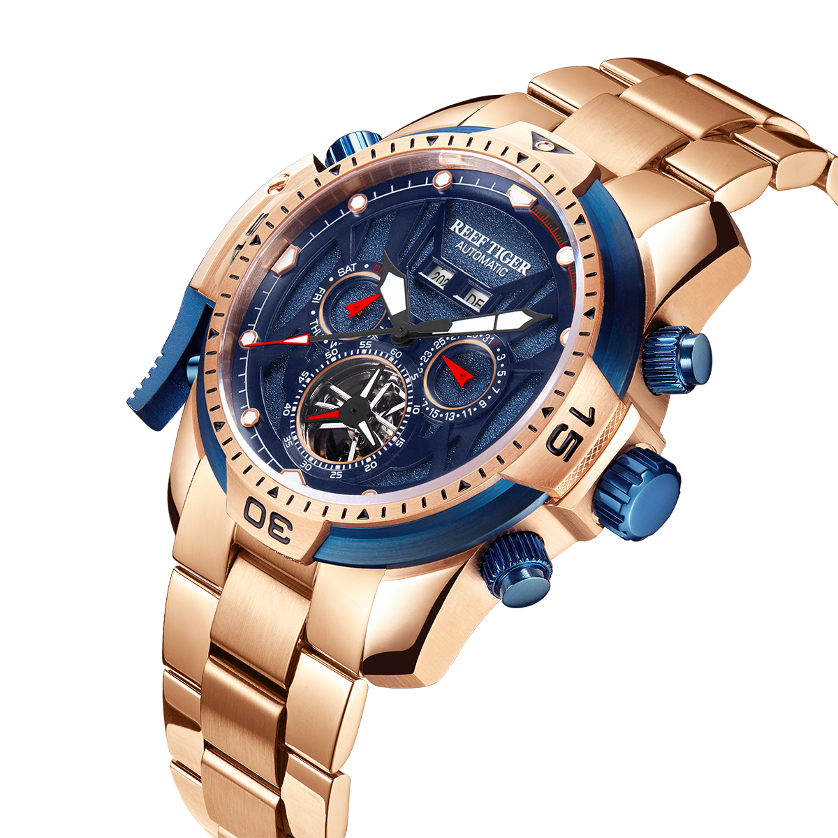 Reef Tiger Aurora RGA3532 Men's Automatic Mechanical Watch - Rose Gold Stainless Steel Case/Strap Wristwatch