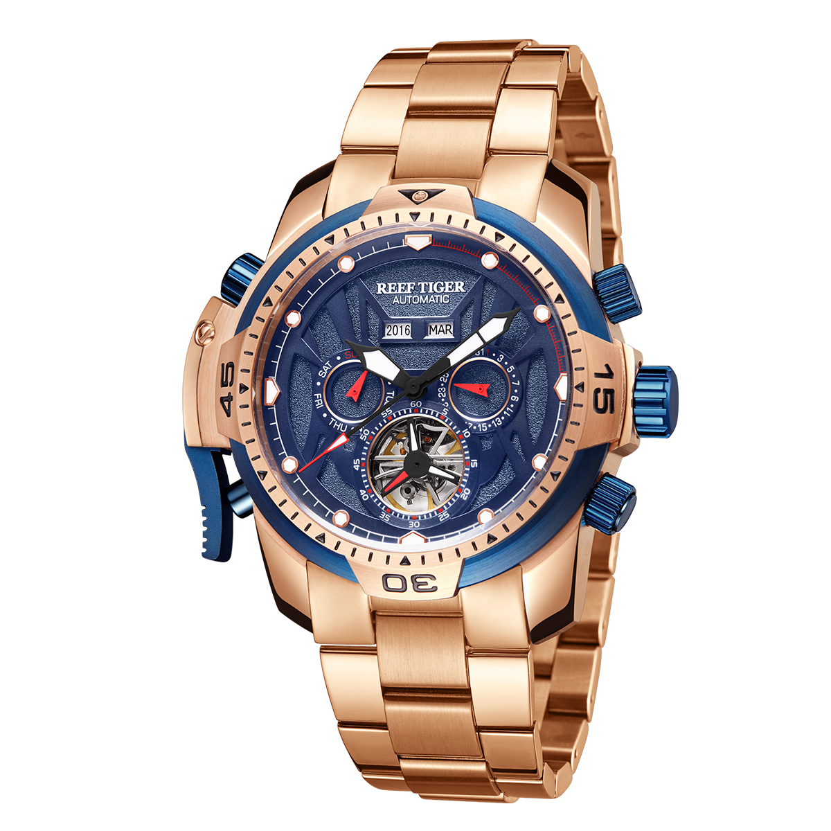 Reef Tiger Aurora RGA3532 Men's Automatic Mechanical Watch - Rose Gold Stainless Steel Case/Strap Wristwatch