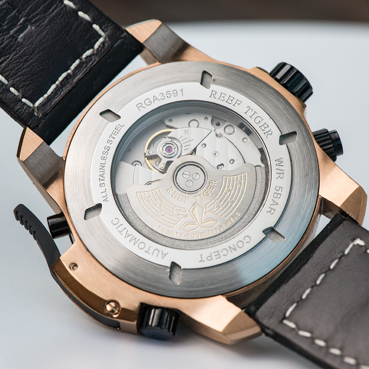 Reef Tiger Aurora Concept 2 RGA3591 Skeleton Automatic Self-Winding Waterproof Watches for Men - Rose Gold Stainless Steel Case/Strap