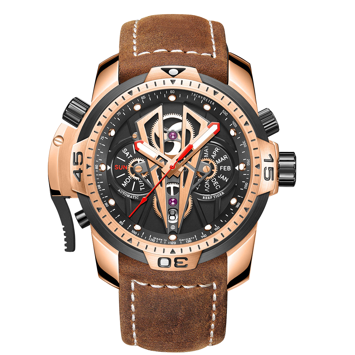 Reef Tiger Aurora Concept 2 RGA3591 Skeleton Automatic Self-Winding Waterproof Watches for Men - Rose Gold Stainless Steel Case/Strap
